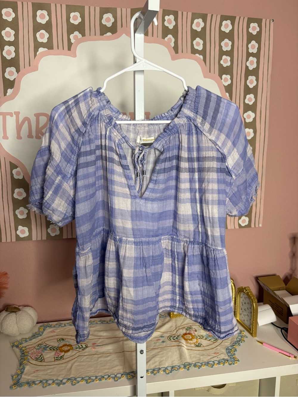 Pilcro Anthropologie Light Lavender Plaid Peasant Top - Women